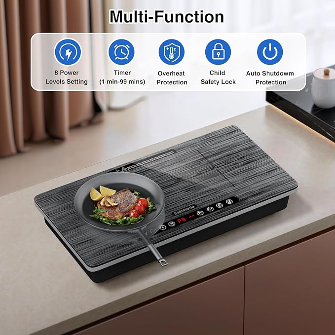 Double Induction Cooktop, 1800W Portable Electric Stove, 18 Inch Sensor Touch Electric Cooker Hot Plate, 5.91" Heating Coil, Child Lock, 8 Power Levels, 110v Outlet Plug with Glass Surface