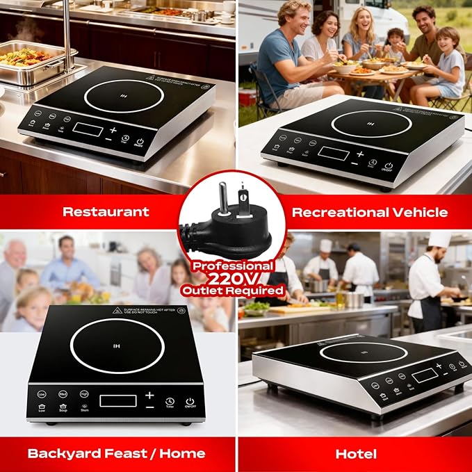 3500W Commercial Induction Cooktop, 220V Countertop Burner with 10 Power Levels, 5 Quick-Temp Modes, Timer & LED Display, Portable Induction Hot Plate for Restaurant Kitchen Hotel Catering