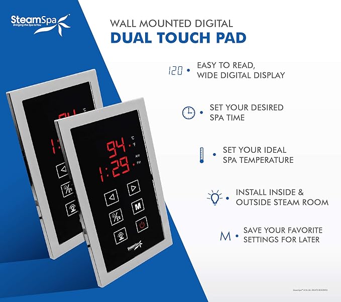 SteamSpa 4.5kW Steam Sauna Generator Executive Bundle 240V Steam Generator with Touch Pad, Steamheads, Pressure Relief Valve, Built-in Auto Drain, LED Light, Filter and Quick Install Kit EXT450CH-A