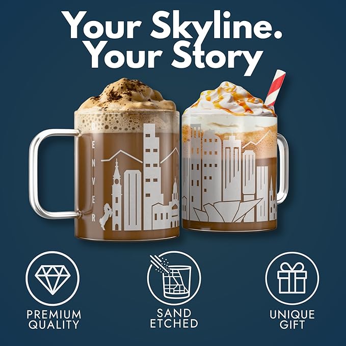 Greenline Goods – Denver, CO Skyline Glass Coffee Mugs (Set of 2), 15 oz – Etched Wrap Design