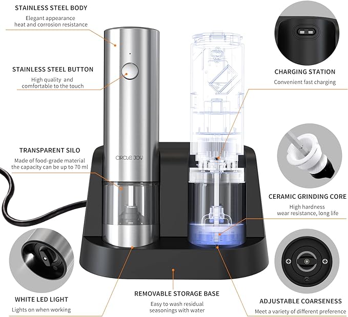 CIRCLE JOY Electric Salt and Pepper Grinder Set Stainless Steel Spice Grinder Automatic Pepper Mills with Easy-to-Carry Dual Charging Station, White Led Light, and Adjustable Coarseness, Silver