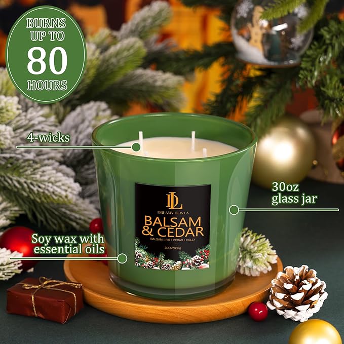 Large Christmas Candle Balsam & Cedar Scented, 4 Wick Natural Soy Candles for Home Scented, 30oz Big Holiday Candle Long Lasting, Aromatherapy Candles Christmas Gifts for Women Men