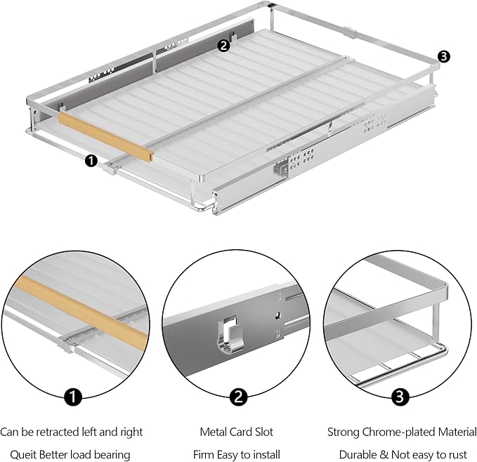 SANNO Pull Out Cabinet Organizer, Cabinet Shelf Kitchen Under Sink Shelf, Expandable Drawer Shelves with Sliding, Steel Metal Cabinet Drawers Slide Out, Chrome Finish