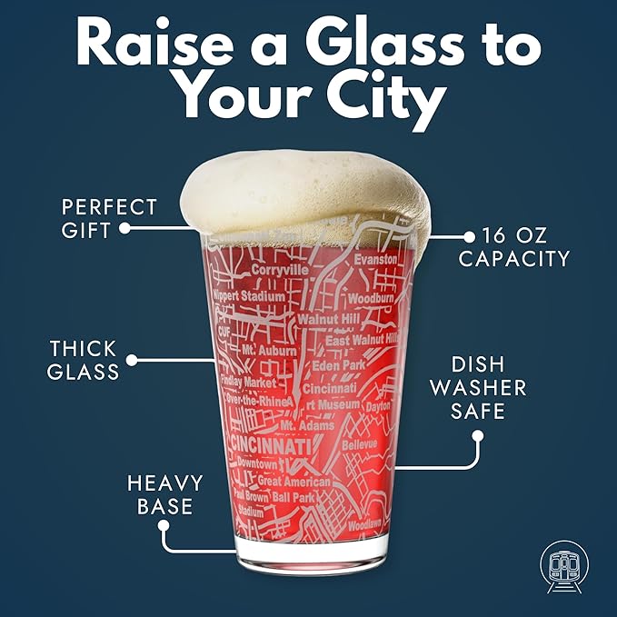 Greenline Goods – Cincinnati, OH Map Pint Beer Glasses (Set of 2), 16 oz – Etched Wrap Design