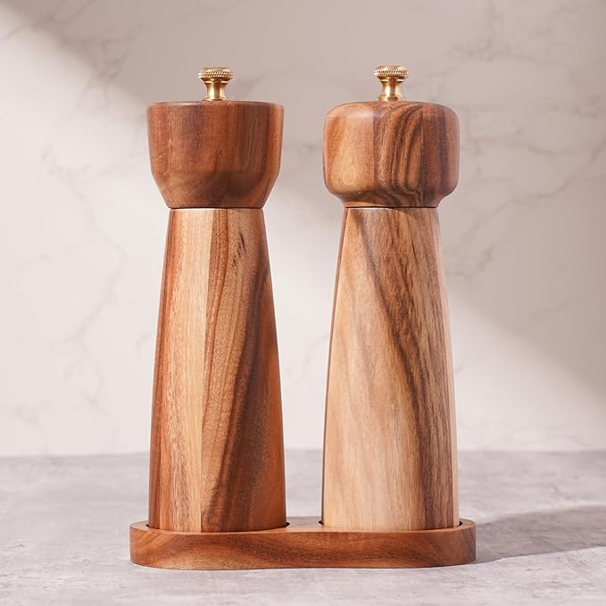 Salt and Pepper Mill Set with Tray, Adjustable Ceramic Grinder Salt Mill, Stainless Steel Grinder Pepper Mill, Acacia Wood, 20.5 cm/ 8 Inch Height, Bottom Dia 6 cm /2.36 inch