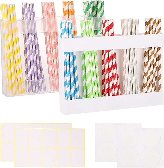 2 Pcs Straw Holder for Cabinet Door, 9.5 Inch Acrylic Straw Organizer with 8 Pcs Adhesive Stickers and 20 Pcs Labels, Reusable Kitchen Utensil Storage