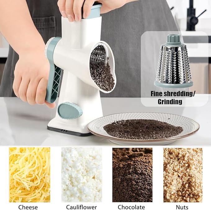 Rotary Cheese Grater Shredder with Handle Handheld Round Mandoline Vegetable Slicer Carrot Shredder Nut Grinder with 3 Replaceable Stainless Steel Drum Blades and Upgrade Strong Suction, White/Cyan