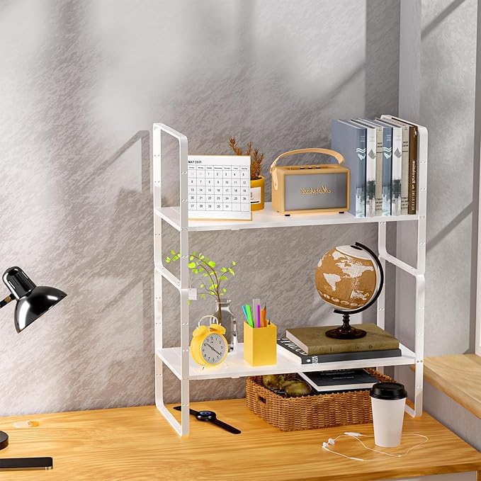 Redrubbit Expandable Cabinet Shelf Organizers, Stackable Kitchen Counter Shelves Spice Rack for Kitchen Bathroom Pantry Cupboard Desk Home Office, White-Large