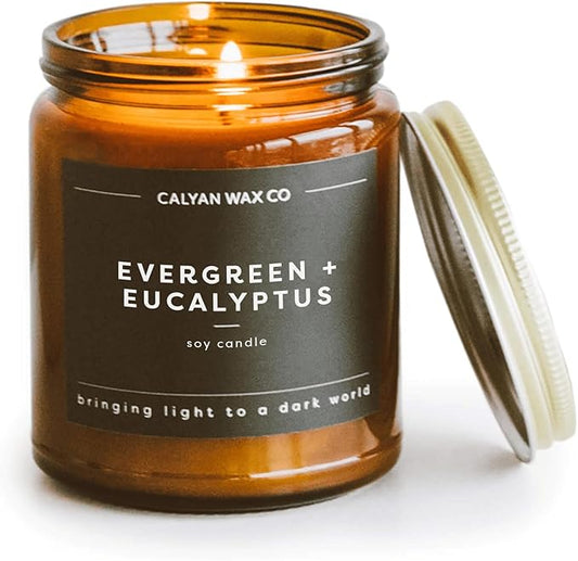 Calyan Wax Co. Evergreen & Eucalyptus Scented Candle - 57 Hour Burn - Luxury Non Toxic Soy Wax Candles - Long Lasting Amber Glass Jar Candle for Home - 7.2oz