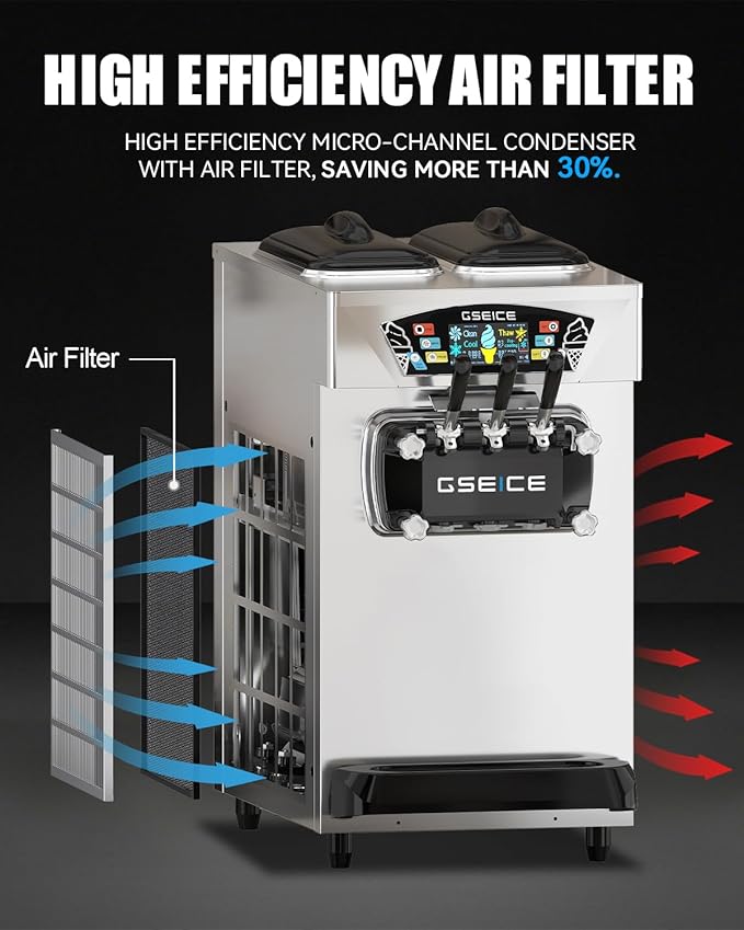 Commercial Ice Cream Maker, 6.8-8.4 Gal/H, 2*8L Hopper 110V 2500W Countertop Soft Serve Ice Cream Machine, 3 Flavors Puffing Alarm Pre-Cooling For Shops Cafes Dessert Stores, Auto Clean & Touch Screen