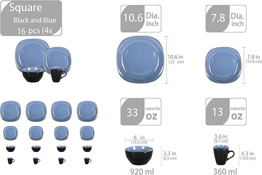 Stoneware Square 16pc Dinnerware Set, Inside Shiny Blue + Outside Matte Black