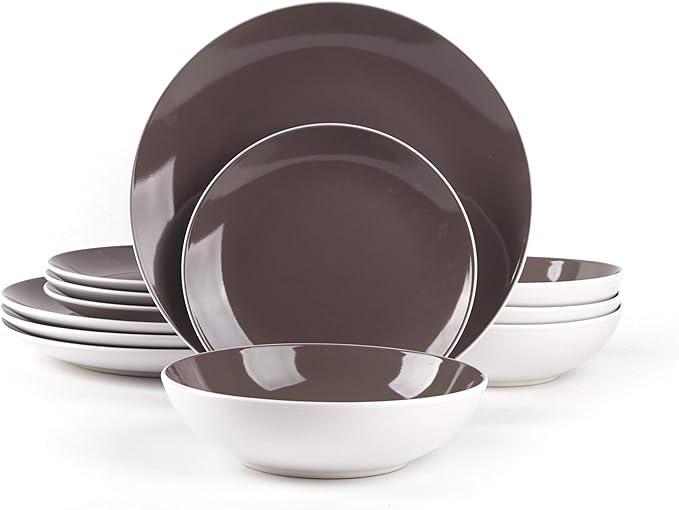 Stoneware Coupe Shape 12pc Dinnerware Set, Outside White + Inside Taupe