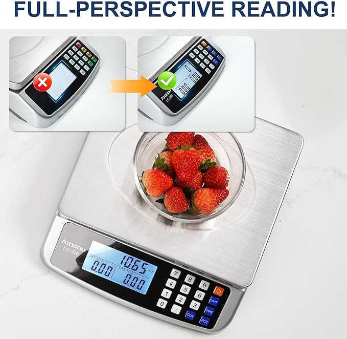 Atogou 110lb Food Scale, Commercial Kitchen Scale with Price Computing, Plug-in Usable, 0.05oz/1g, 304 Stainless Steel, for Cooking, Vegetables, Farm, Industry, Counting. LC300 Silver