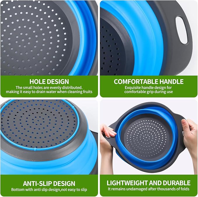 Tri-Color Silicone Collapsible Colander Set (3Pcs 2/4/6 QT) - Space Saving Foldable Strainers with Non-Slip Base for Pasta, Veggies & Camping, Dishwasher Safe Instant Fold Kitchen Gadget