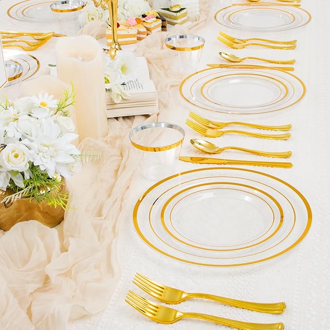 WELLIFE 600 PCS Clear Gold Disposable Dinnerware Set for 100 Guests, Clear and Gold Plastic Plates, Gold rimmed Plastic Dinner & Salad Plates,Cups,Silverware Set for Wedding