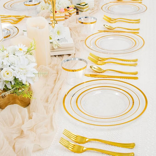 WELLIFE 600 PCS Clear Gold Disposable Dinnerware Set for 100 Guests, Clear and Gold Plastic Plates, Gold rimmed Plastic Dinner & Salad Plates,Cups,Silverware Set for Wedding