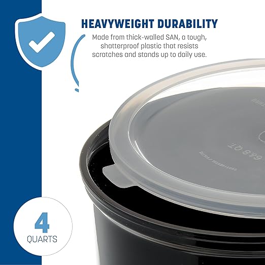 Carlisle FoodService Products Classic Round Storage Container Crock with Lid for Kitchen, Restaurants, Home, Plastic, 4 Quarts, Black