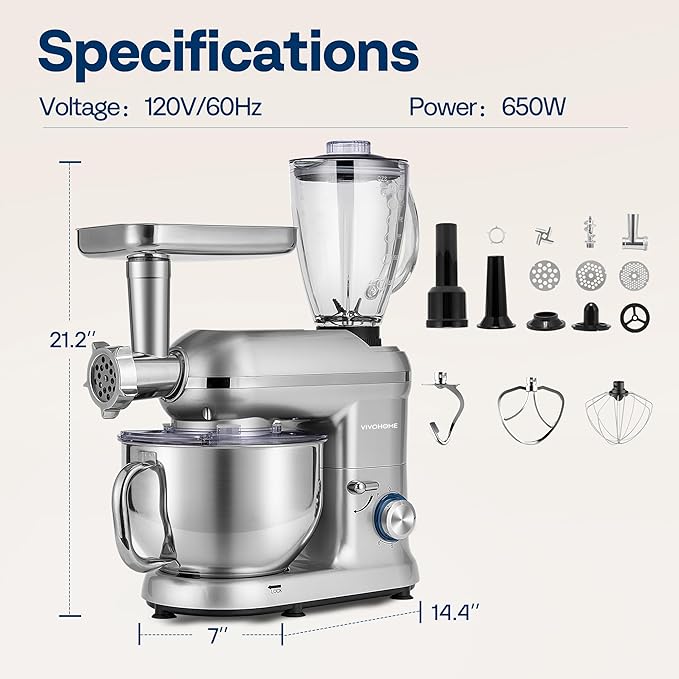 VIVOHOME 3 in 1 Multifunctional Stand Mixer with 6 Quart Stainless Steel Bowl, 650W 6 Speed Tilt-Head Meat Grinder, Juice Blender, Silver