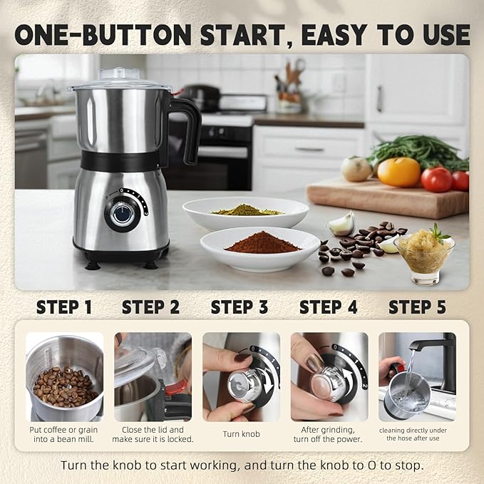 Spice Grinder Electric,Herb Nut Grinder for Kitchen, Detachable Espresso Grinders with Stainless Steel Blades, Filter and Brush, 500w Dry and Wet Grain Mill for Coffee, Rice, Bean, Seasoning (Black)