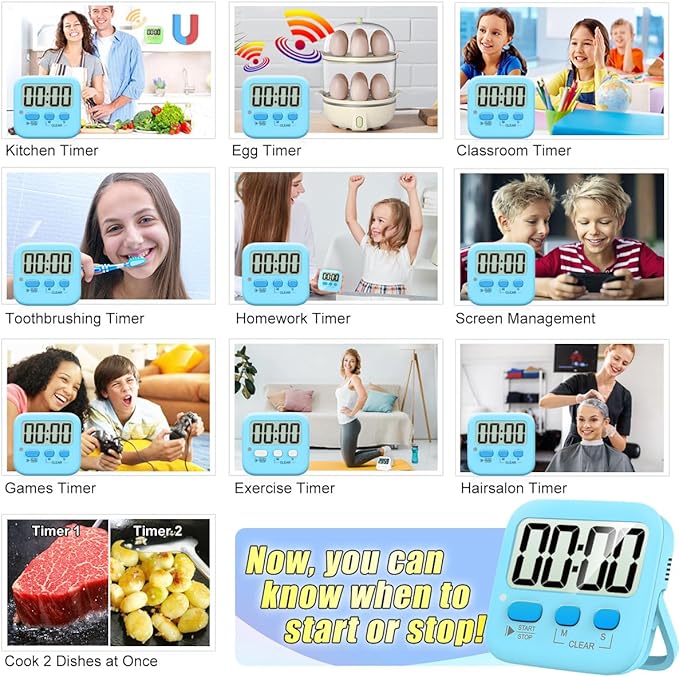 Antonki 2 Pack Digital Timer for Kids, Magnetic Countdown Kitchen Timers for Cooking, Egg, Classroom, Teacher, Exercise, Study, Oven - Battery Included