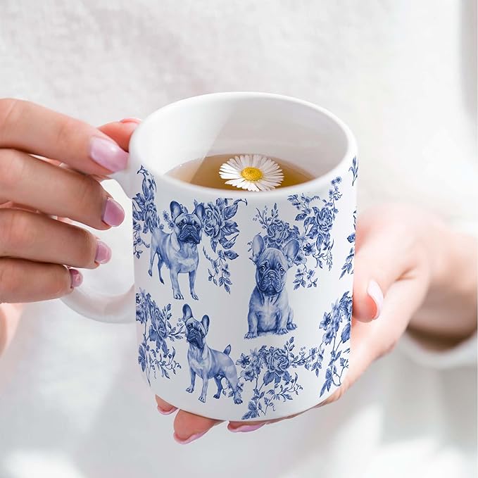 French Bulldog Blue French Toile Mug, Bulldogs Lover Gifts for Women, Blue Chinoiserie Toile Coffee Cup for Bulldog Mom, Dog Lovers Tea Coffee Mug Birthday Gifts for Dog Owners, 11oz