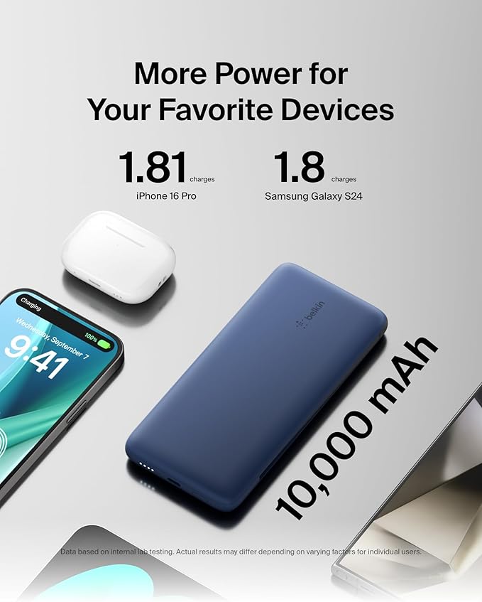 Belkin Portable Charger Power Bank for iPhone/Android - 10,000mAh, 23W Battery Pack for Phone with Integrated USB-C, Lightning Cables - Pass-Through Capability, Charge 2 Devices at Once