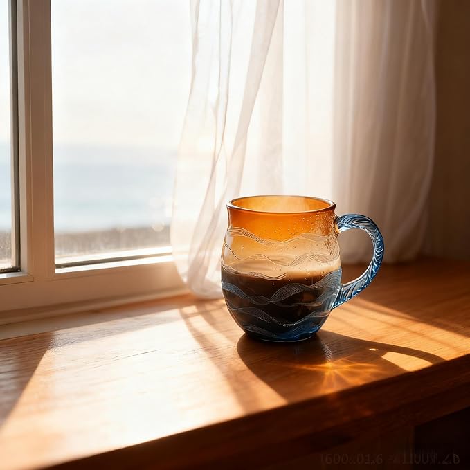 Golden Tide Mug,12 Oz/350ml Sea Glass Ocean Wave Mug,Handcrafted Oceans Frosted Wave Texture Sunset Cups with Handle,Gift for Ocean Lovers (1PCS)