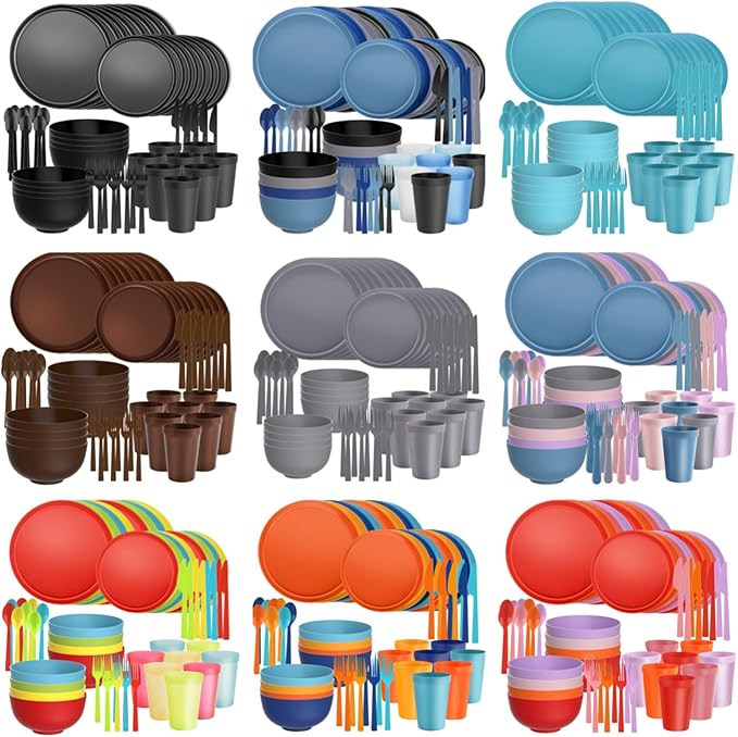 40 Piece RV & Camping Dinnerware Set, Elegant Ceramic-Look Large Bowls & Plates, Unbreakable & 100% Microwave Safe, Melamine Alternative Service for 8, Blue