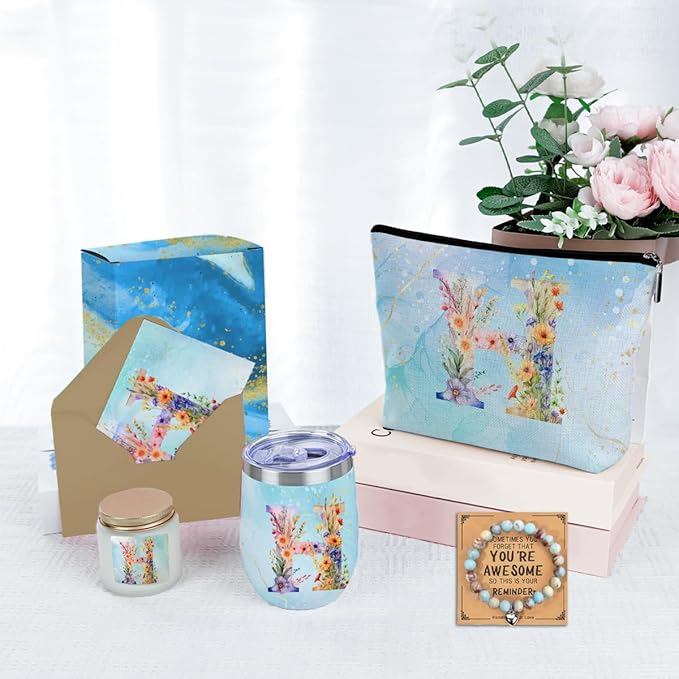 Personalized Gifts Monogrammed Birthday Gifts for Women, Bridesmaid Bachelorette Party Christmas Initial Wine Tumbler Makeup Bag Scented Candle Bracelet Set, (Aesthetic Blue Flower H)