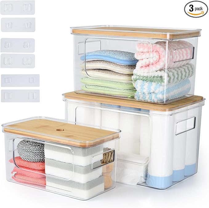 OTraki 3 Pack Trash Bag Holder Dispenser with Lid Plastic Garbage Bag Holder Dispenser Stackable & Wall-mounted, Trash Bags Dispenser Under Sink for Kitchen, Pantry Cabinet Organizer and Storage