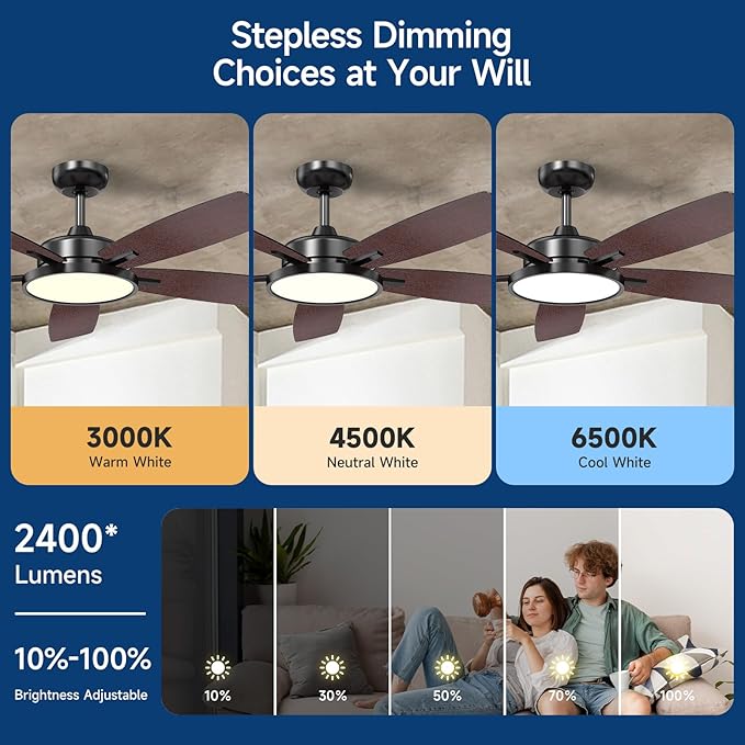 Roomratv Ceiling Fans with Lights,52 Inch,Remote Control,Dimmable,Quiet Reversible DC Motor,Black Ceiling Fan for Living Room,Bedroom,Kitchens,Outdoor Patio,Farmhouse