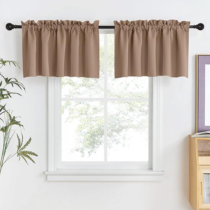 NICETOWN Short Window Blackout Valances for RV Camper, Farmhouse Adjustable Double Rod Pocket Thermal Insulated Short Curtains for Cafe/Living Room, 1 Pair, 52" W x 18" L + 1.6" Header, Cappuccino