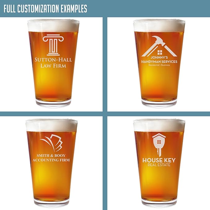 Personalized Pint Beer Glass 16oz 48 Pack – Custom Etched Drinking Glass with Your Logo – Bulk Laser Engraved Promotional Products for Business, Company Branding, Events, Weddings, Party Favors