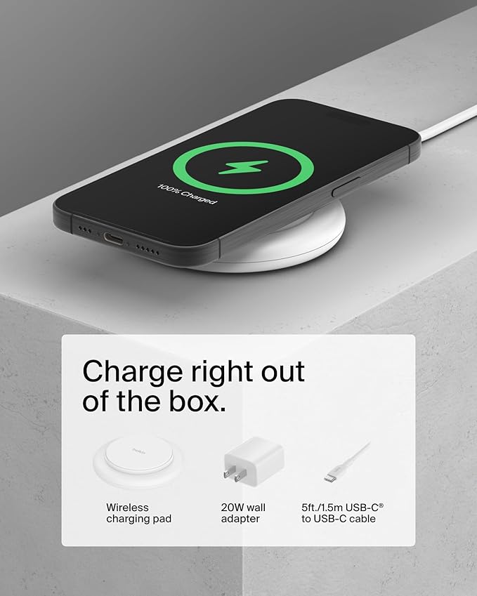 Belkin Magnetic Wireless Charging Pad 15W - MagSafe-Compatible Qi2-Certified Wireless Charger for iPhone 16 Series, Samsung Galaxy S25, AirPods, & More w/Non-Slip Base, Power Supply Included - White