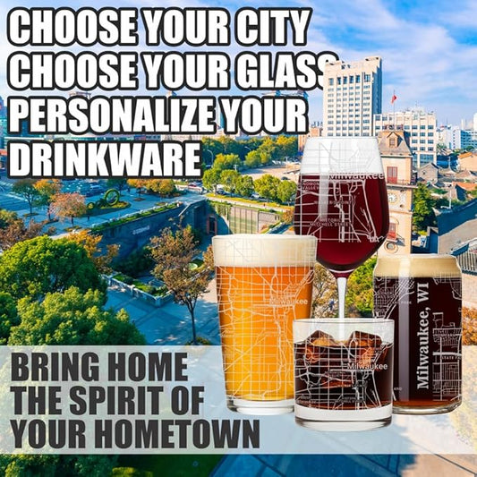 Blue Ridge Mountain Gifts - Milwaukee Souvenir - Wisconsin Glassware Gift, Etched City Map, Laser Engraved and Dishwasher Safe