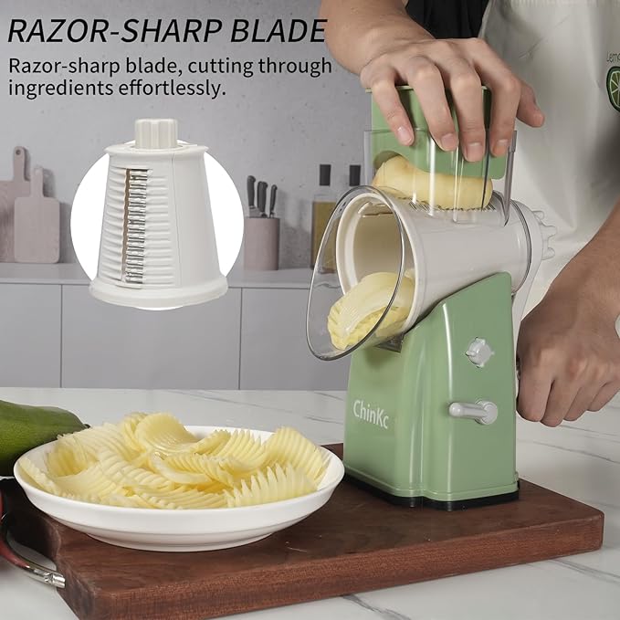 Rotary Cheese Grater Shredder - Upgraded 5 in 1 Cheese Grater with Handle and Strong Suction Base, Multi-purpose Julienne Slicer Ice Shaver Nuts Grinder for Ice, Vegetables, Fruit, Nuts