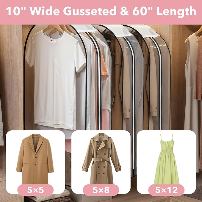 5 Pack 60" Large Clear Garment Bags for Hanging Clothes Storage, 10" Gusseted Large Capacity Garment Rack Cover, Hanging Clothing Bag for Dress Gowns, Coats, Suit, Down Jacket