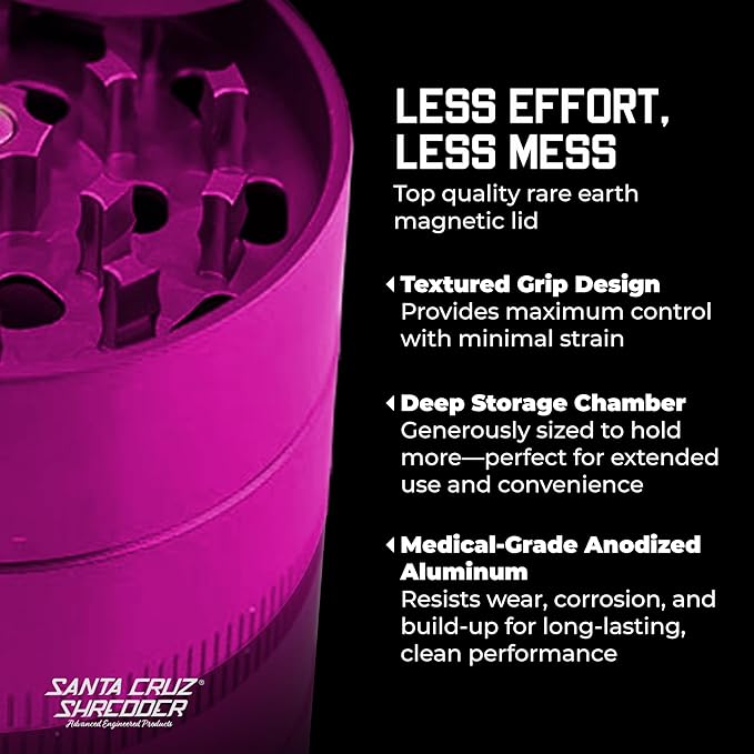 Santa Cruz Shredder Metal Spice Grinder Knurled Top for Stronger Grip 3-Piece Medium 2.2" (Pink)