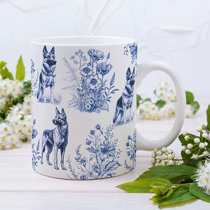 German Shepherd Blue French Toile Coffee Mug, German Shepherd Lover Gifts for Women, Blue Toile Mug Cup for Dog Mom, Dogs Lovers Tea Coffee Drinkware Birthday Gifts for Dog Owners, 11 oz