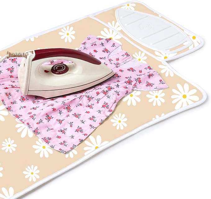 Encasa XO Ironing Mat/Pad (Small 28"x20") with 3mm Padding & Silicone Iron Rest for Steam Pressing on Tabletop or Bed - Heat Resistant, Portable, Quilting & Travel Blanket - Daisy Beige