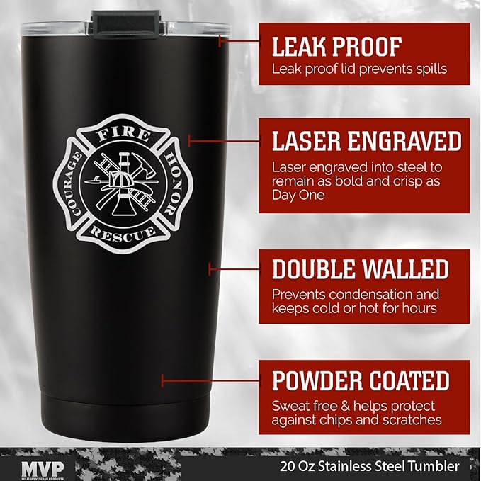 Military Gift Shop 20oz Firefighter Tumbler Travel Mug – Double Wall Vacuum Insulated Firemen Mug – Matte Black (FIREFIGHTER)