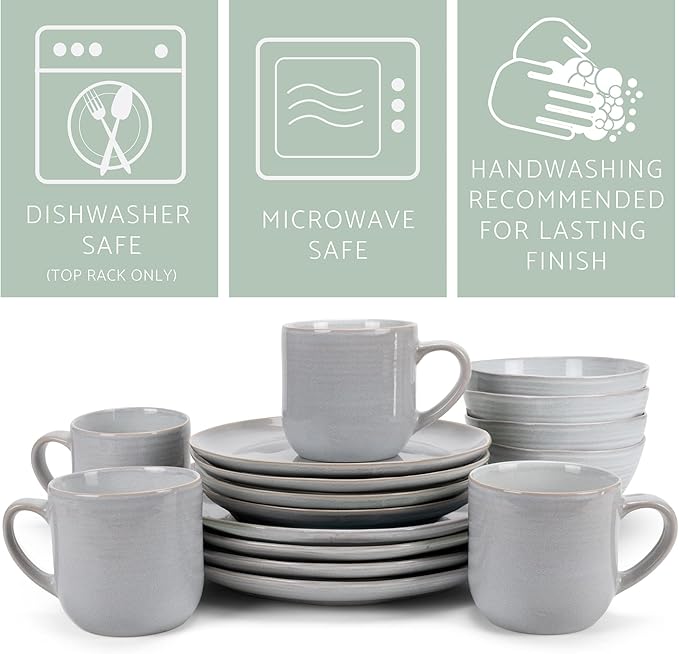 Elanze Designs Reactive Glaze Farmhouse Rustic Boho Ceramic Stoneware Dinnerware 16 Piece Plate Bowl Mug Dish Set - Service for 4, Pale Grey