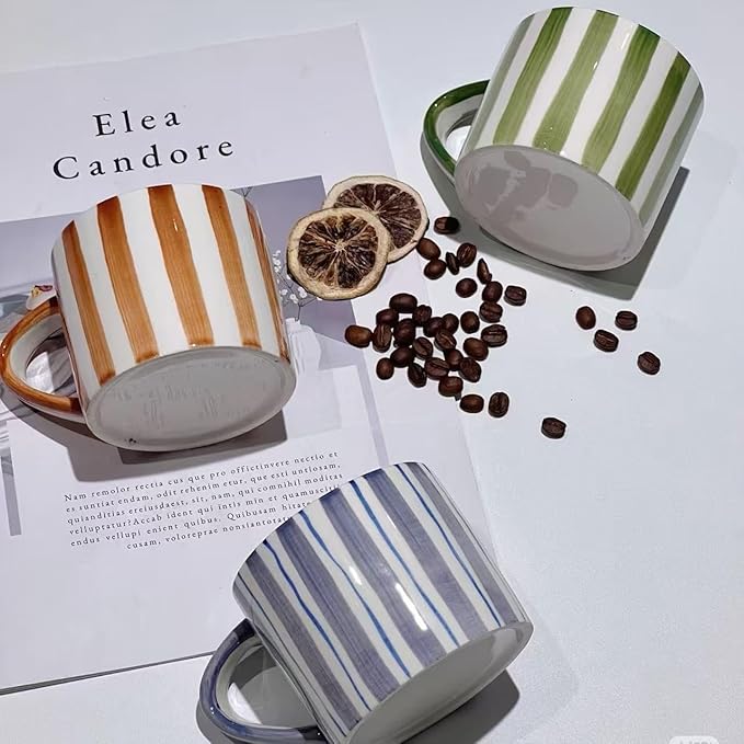 8Oz Stylish Handmade Vertical Striped Coffee Mug Espresso Cups With Saucer, small Hand painted Ceramic Cappuccino Mugs, Glazed Tea Cup, Microwave safe Latte art mug, Spring mug (Green)