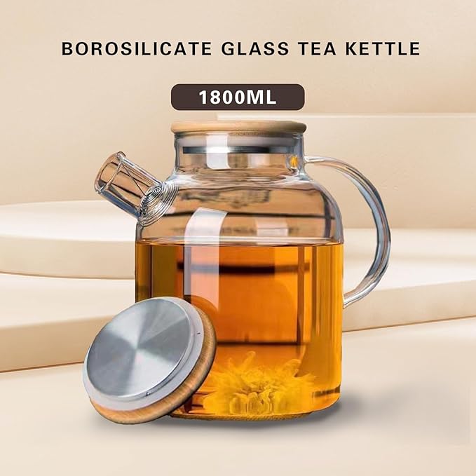 SHUWEICAO- Glass Teapot, Stovetop and Microwave Safe Glass Borosilicate Teapot, 60.8 oz Clear Glass Pitcherwith Natural Bamboo Lid and Removable Filter for Making Flower Tea and Juice