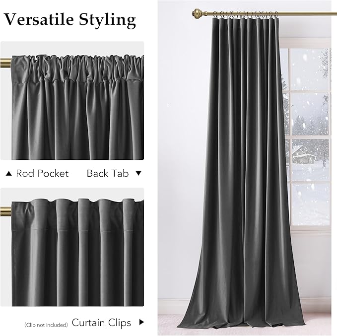 NICETOWN Grey Luxury Velvet Winter Curtain Panels, Thermal Insulated Home Decoration Window Treatment for Living Room/Bedroom/Home Theater (2 Panel Per Pack)