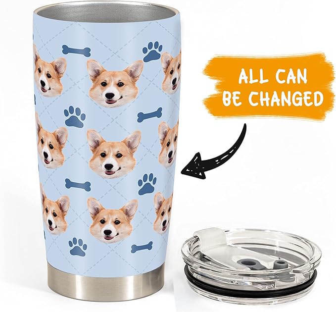 FunStudio Personalized Dog Face Tumbler with Pictures Puppy Pet Paw Custom Tumblers Coffee Travel Mug Cup Gift for Men Women, 20 Oz Insulated Stainless Steel