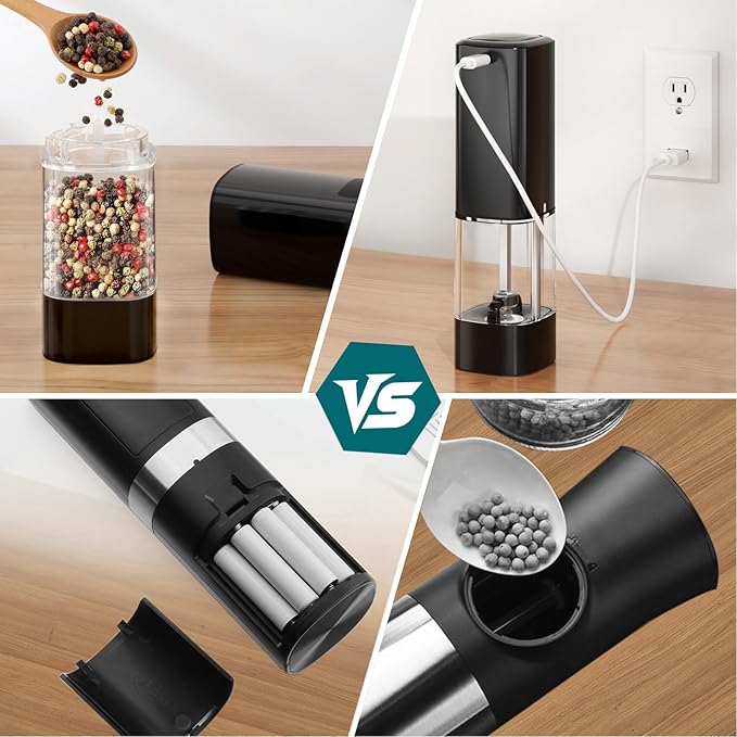 Electric Salt and Pepper Grinder Set, Rechargeable Electric Pepper Grinder with LED Display, Adjustable Coarseness, Large Capacity Refillable Salt and Pepper Shakers, Ideal for Kitchen, BBQ, Gift