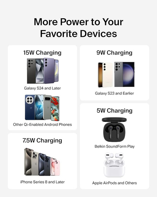 Belkin Wireless Charging Pad 15W - Qi Charger, Charging Station for Apple iPhone 17, iPhone 16/15/14 Series, AirPods, Samsung Galaxy S25, Galaxy S24, Pixel - 5ft Cable Included - Black