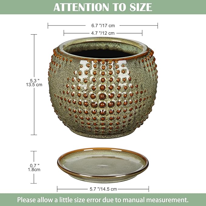 Oairse Ceramic Pot for Indoor Plants, 7 inch Plant Pot with Drainage Hole and Saucer Decorative Brown Planter with Saucer Indoor Outdoor Flower Pots for Succulent Snake Plant Pothos Orchid