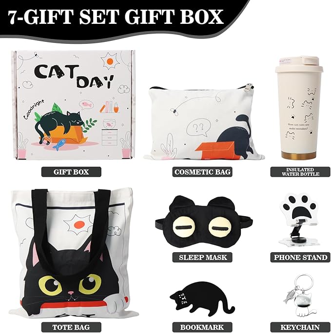 Birthday Gift for Teen Girls/Boys: 7 Pcs Gift Set for Women/Men, Cute Cat Pattern Gift Baskets Ideal for Daughter/Son, Sister/Brother and Friend, Ideal for Christmas Gifts